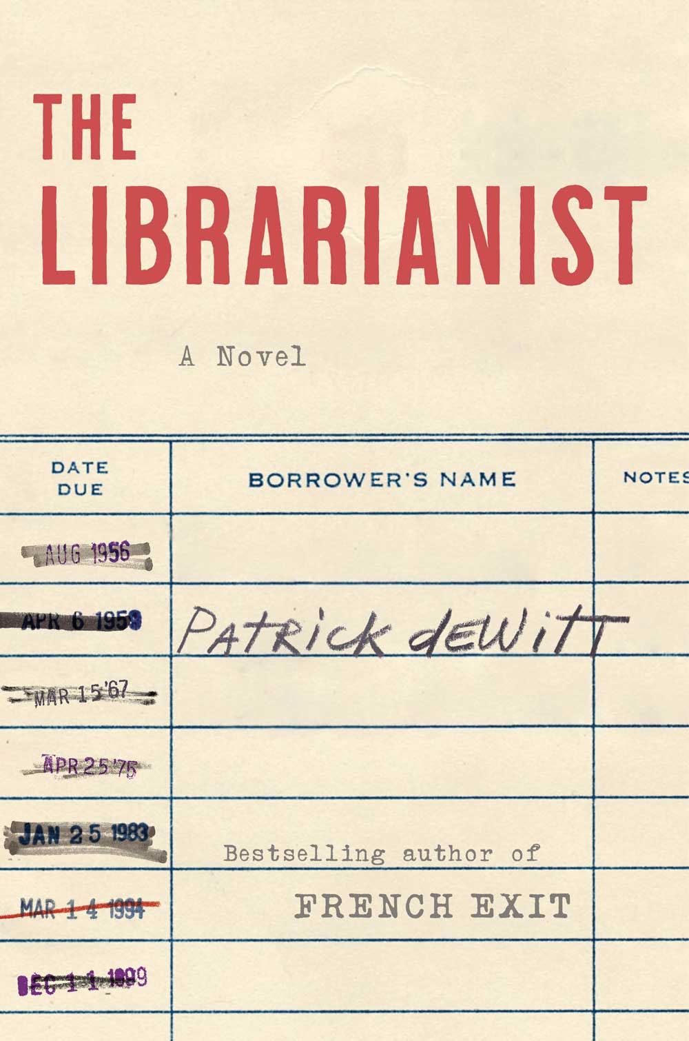 Book cover of The Librarianist. A due date slip from the library with "Patrick deWitt" written under the borrower's name column.