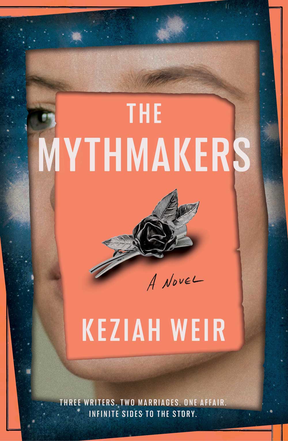 Book cover of The Mythmakers. A photo of a metal rose accessory on a peach-coloured background, layered on top of a photo of a woman's face.