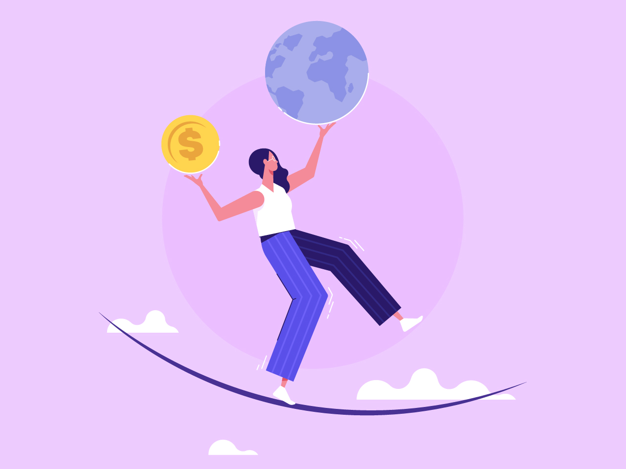 An illustration of a woman balancing on one leg on a scale while holding a dollar symbol in one hand and a globe in the other on a pink background with clouds