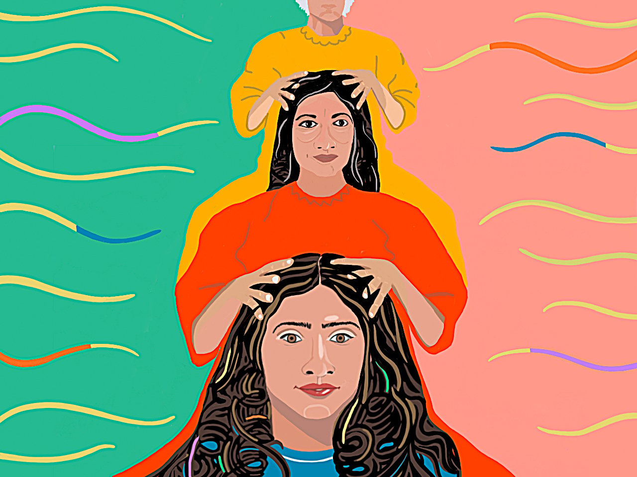 A colourful illustration showing three generations of South Asian women hair oiling.