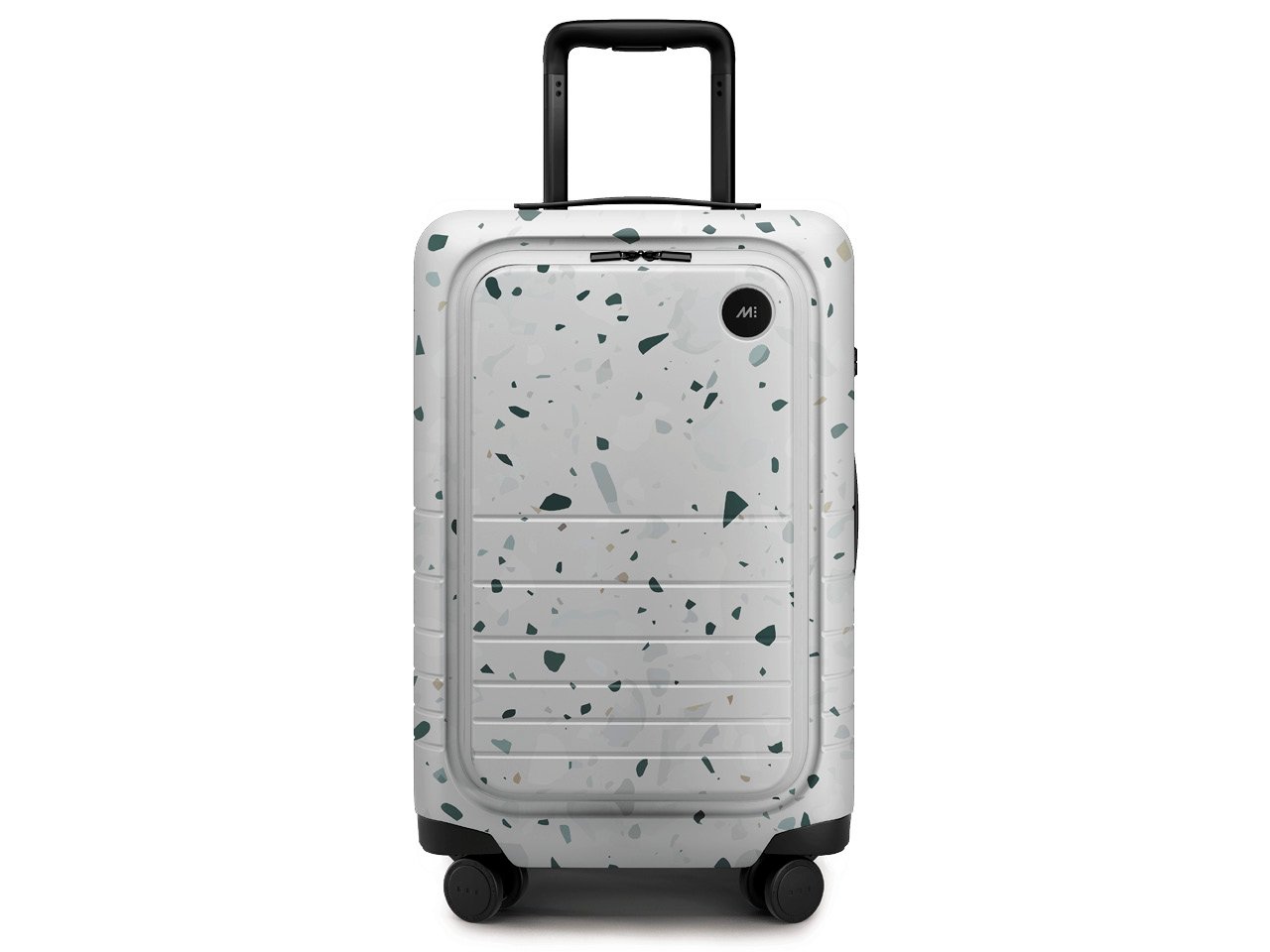 A terrazzo Monos Carry-on Pro suitcase, one of Chatelaine's best carry-on suitcases.