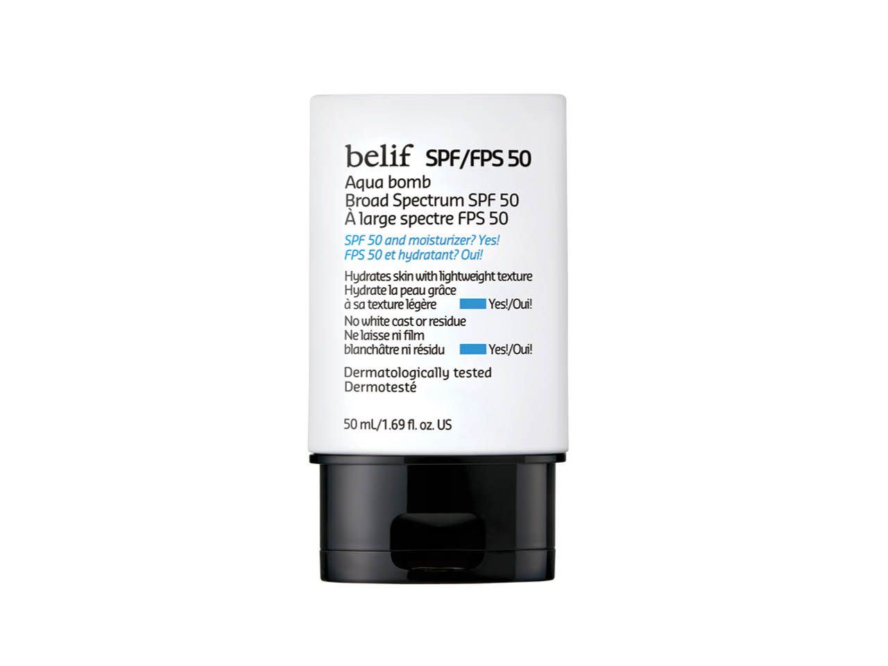 A white squeeze bottle of Belif Aqua Bomb Broad Spectrum SPF 50 sunscreen.