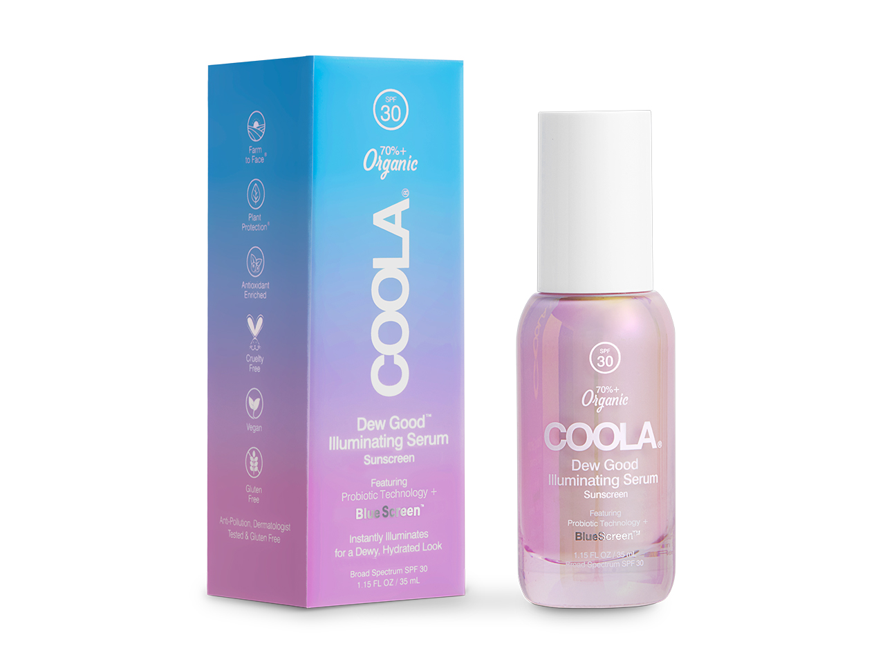 Coola A purple pearlescent bottle next to a box of Dew Good Illuminating Serum Face SPF 30 sunscreen.