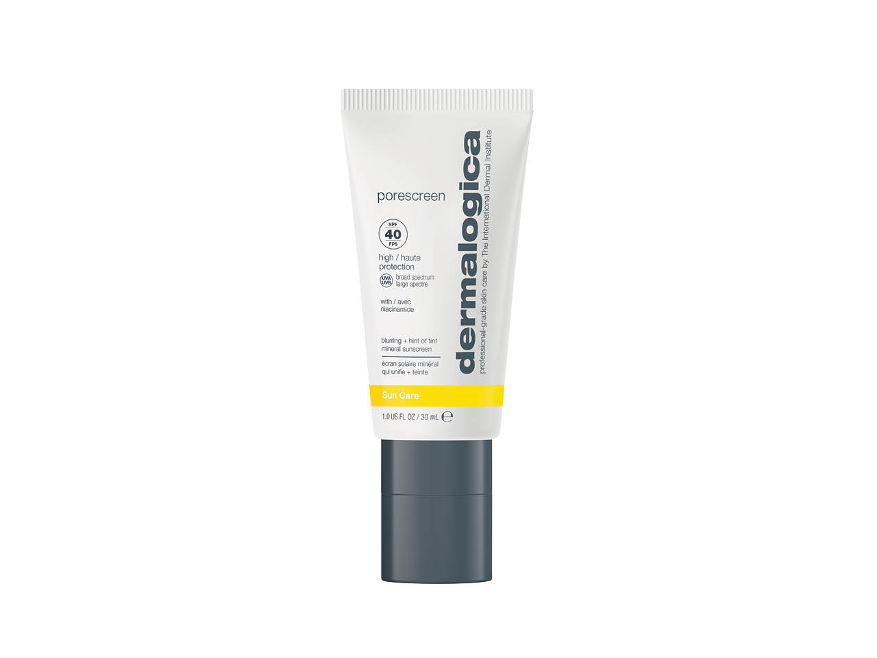 A white squeeze tube with a grey cap of Dermalogica Porescreen SPF 40 sunscreen.