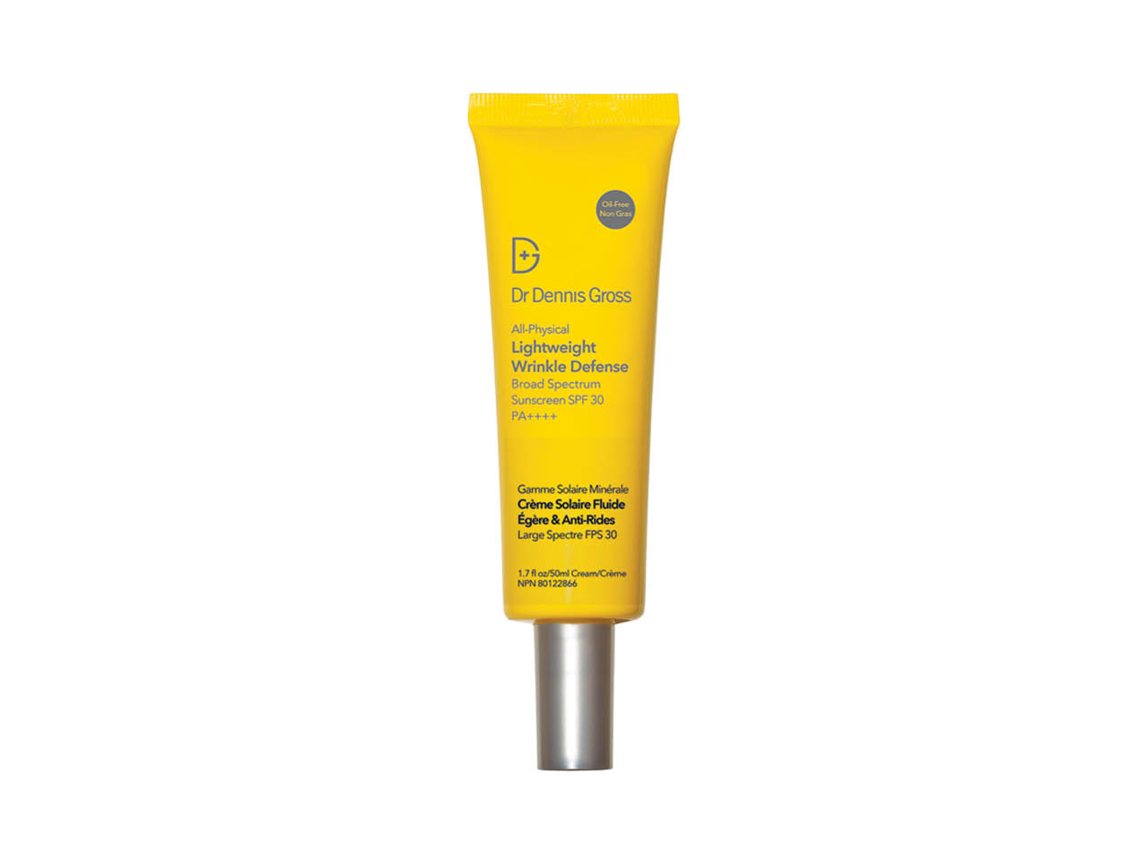 A yellow tube with grey cap of Dr. Dennis Gross All-Physical Lightweight Broad Spectrum Sunscreen SPF 30 sunscreen.