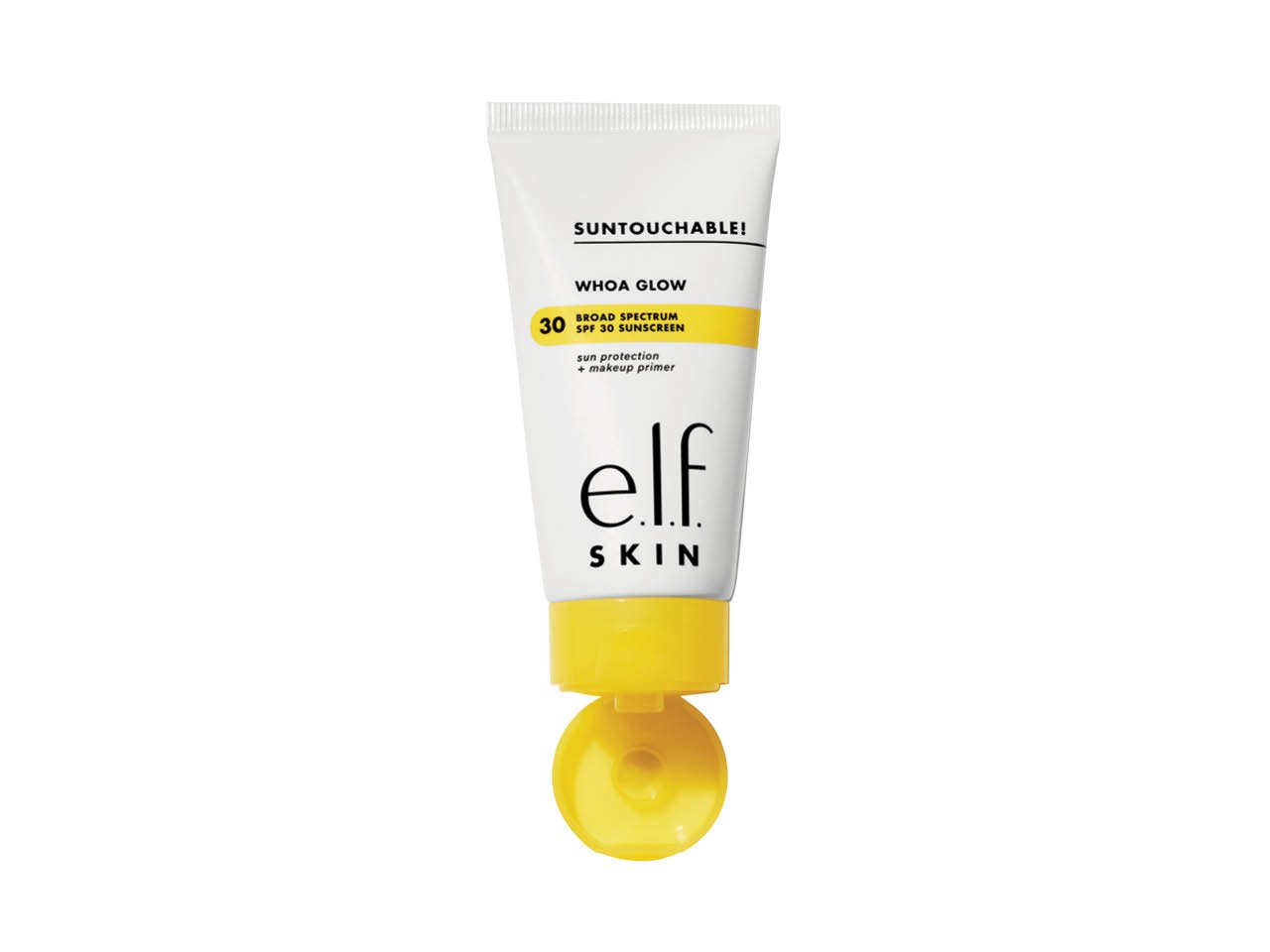 A white bottle with a yellow cap of E.l.f. Skin Suntouchable! Whoa Glow SPF 30 sunscreen.