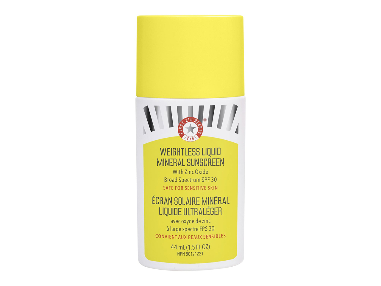 A white bottle with a yellow cap of First Aid Beauty Weightless Liquid Mineral Sunscreen with Zinc Oxide SPF 30 sunscreen.
