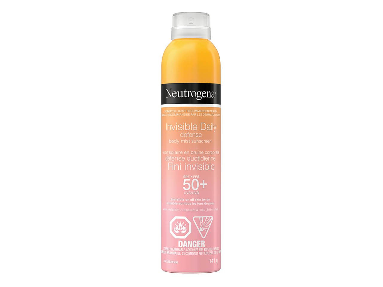 An orange and pink ombré spray can of Neutrogena Invisible Daily Defense Body Mist SPF 50+ sunscreen.