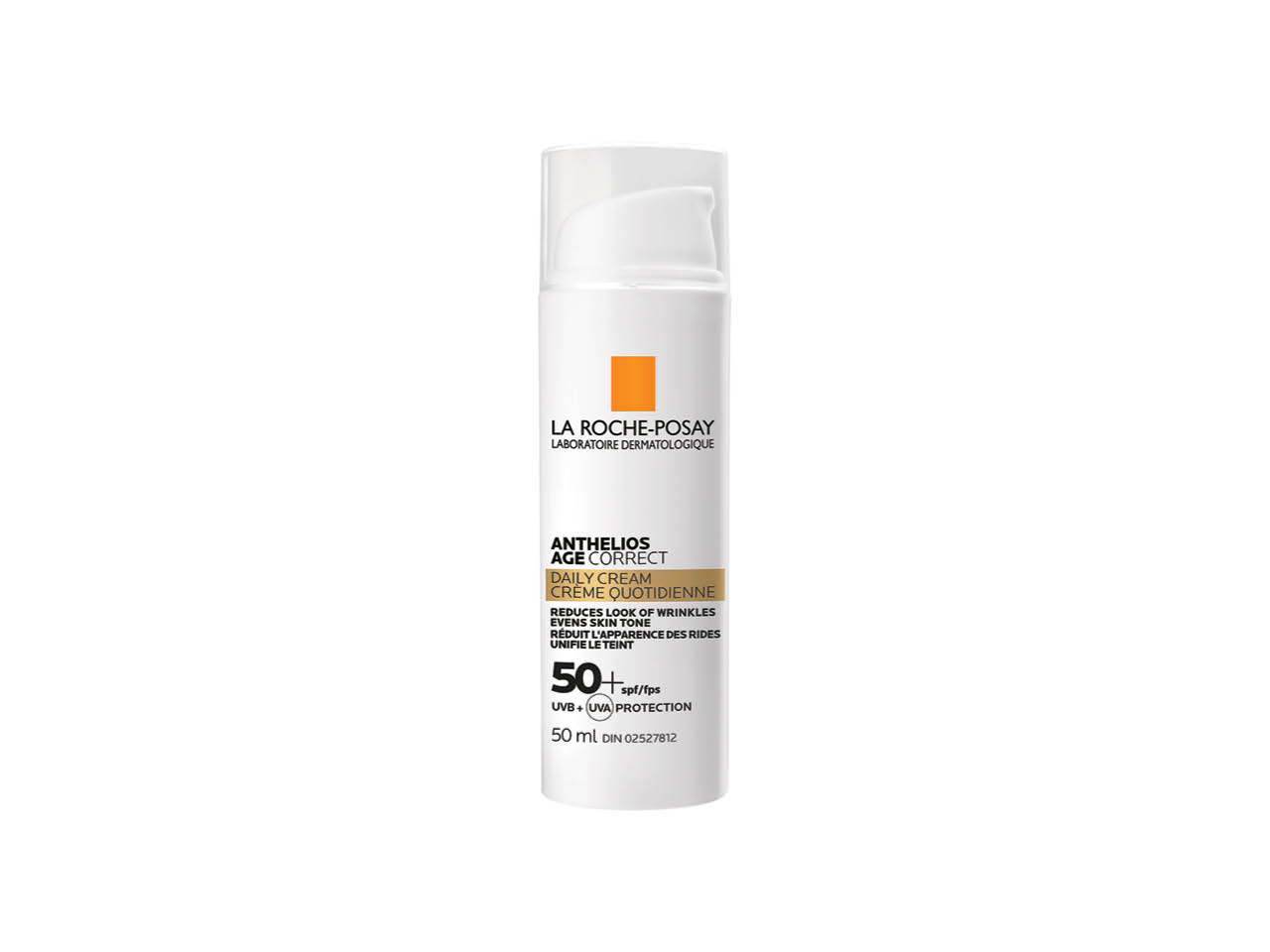 A round pump bottle of La Roche-Posay Anthelios Age Correct SPF 50+ sunscreen.