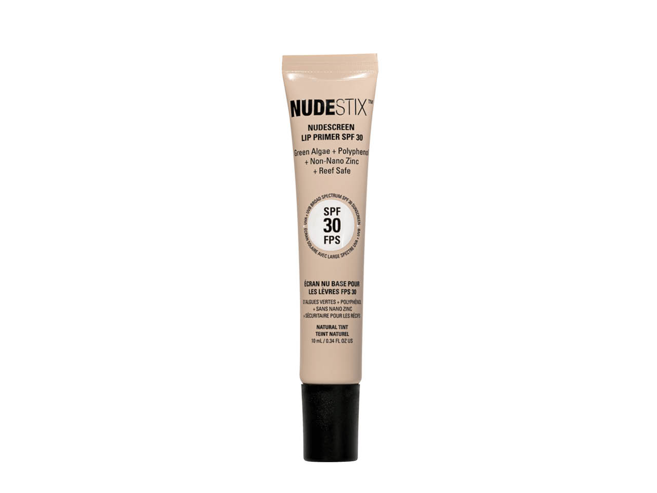 A beige lip balm tube with a black cap of Nudestix Nudescreen Lip Primer with sunscreen.