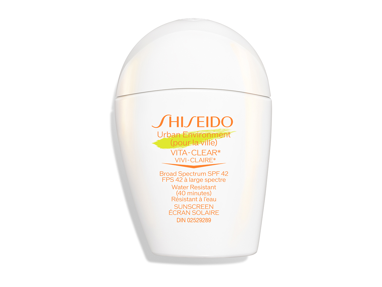 A white bottle with orange writing of Shiseido Urban Environment Vita-Clear Sunscreen SPF 42 sunscreen.