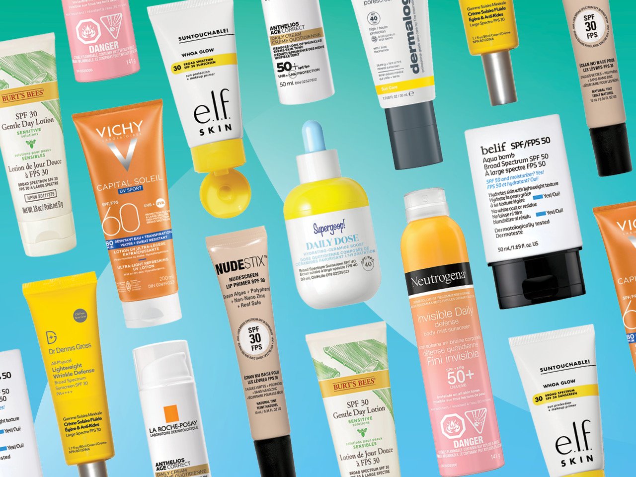 A selection of the best sunscreens for summer 2023 on a teal background.