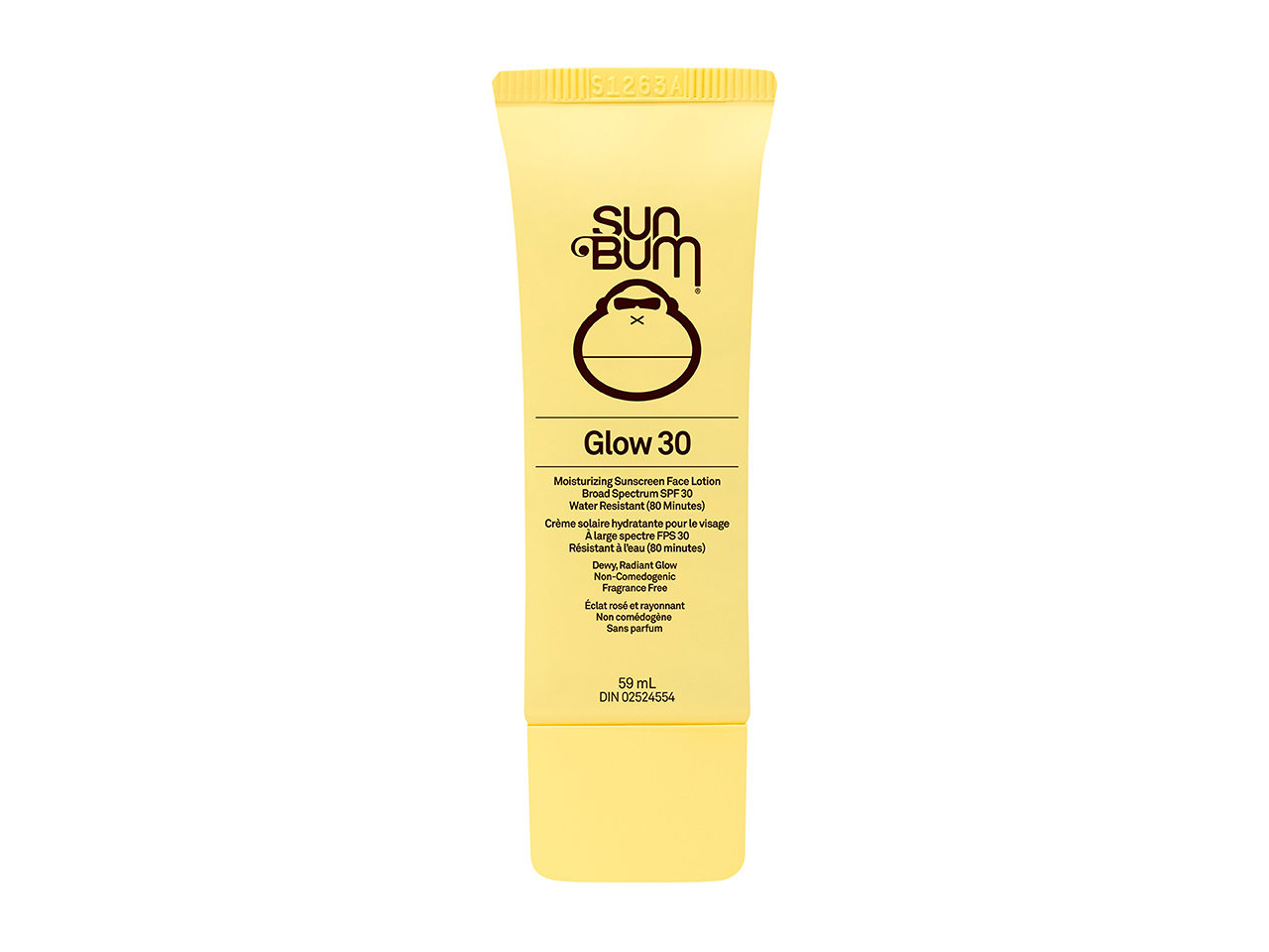 A yellow squeeze tube of Sun Bum Glow 30 Moisturizing Sunscreen Face Lotion SPF 30 sunscreen.