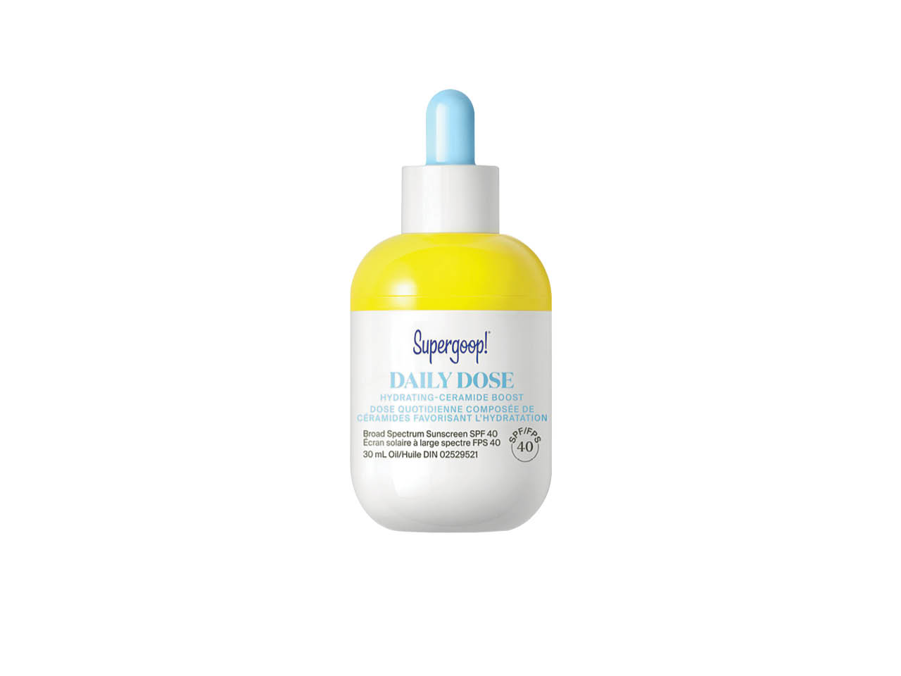 A white, yellow and blue bottle with a dropper of Supergoop! Daily Dose Hydrating-Ceramide Boost SPF 40 sunscreen.