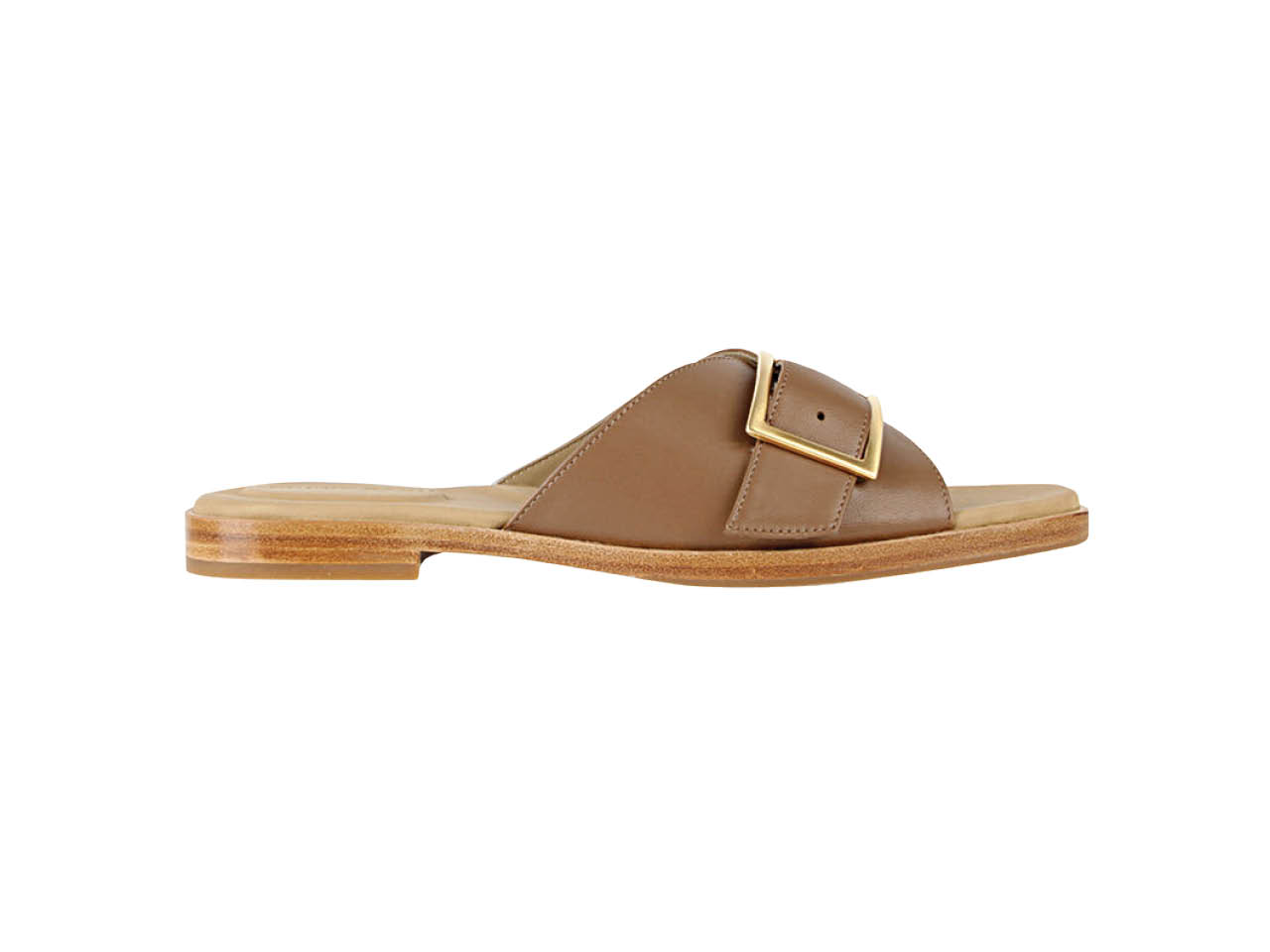 A single tan leather slide with a large brass buckle from Poppy Barley for a summer look.