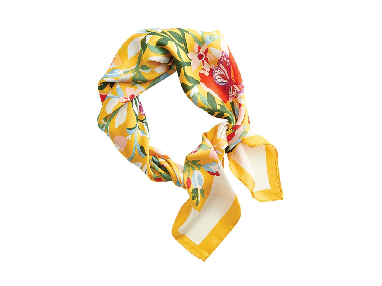 Simmons yellow and red silk scarf for summer outfit.