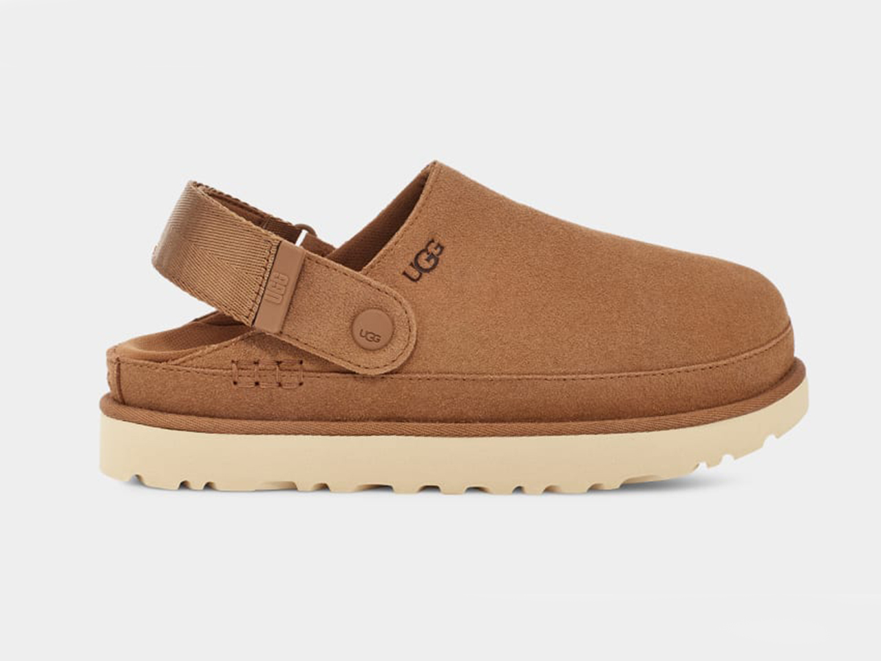 A side profile of a pair of suede tan slingback clogs from Ugg.