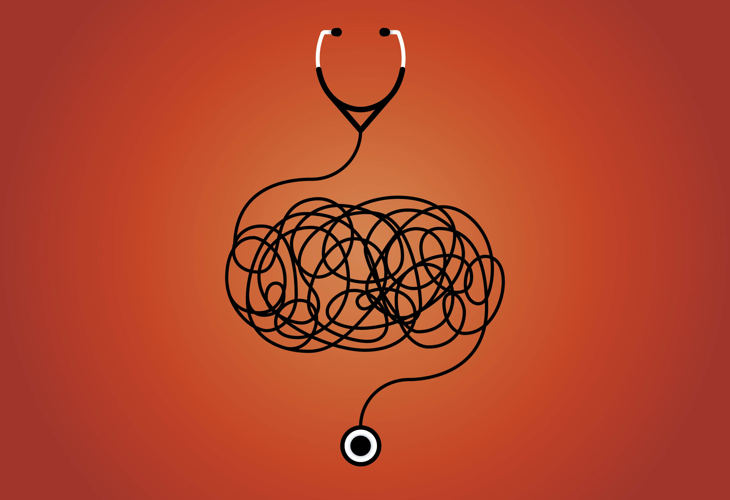 Illustration of a jumbled stethoscope on an orange gradient background