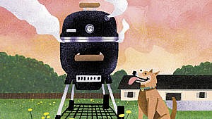 an egg-shaped bbq grill smokes away while a dog looks on, panting