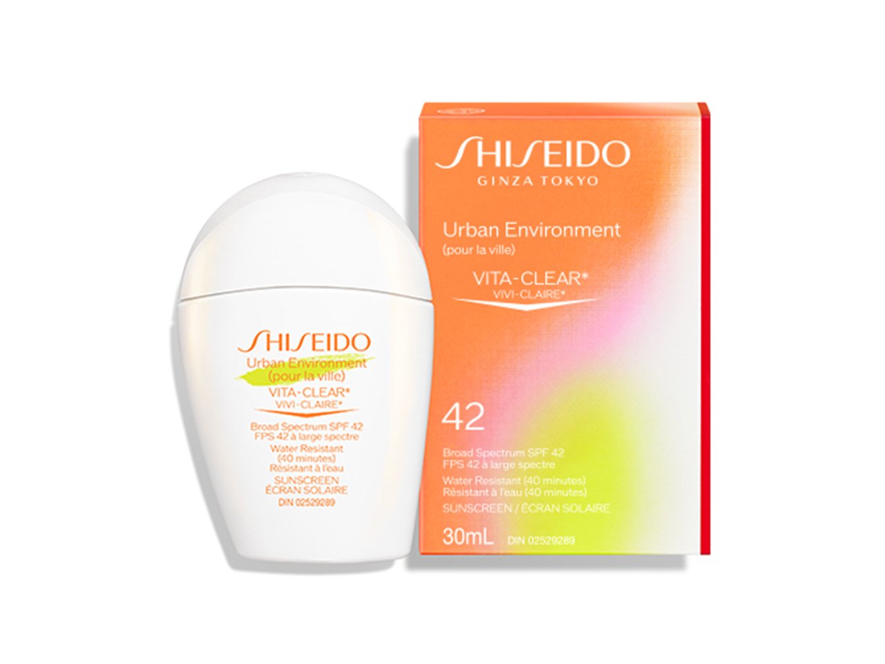 A bottle of best beauty product for July 2023 Shiseido Urban Environment Vita-Clear Sunscreen SPF 42 pictured next to its orange ombre box.