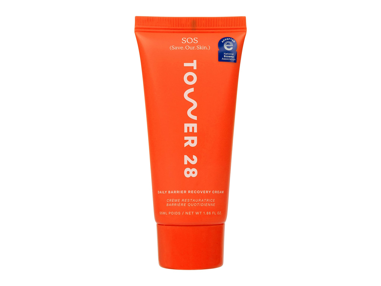 An orange tube of best beauty product for July 2023 Tower 28 SOS Daily Barrier Recovery Cream.