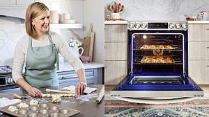 Anna Olson is baking on the left; on the right is an oven, open, showing what she baked