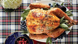A photo of a roast turkey on a white platter on a red and white plaid tablecloth.