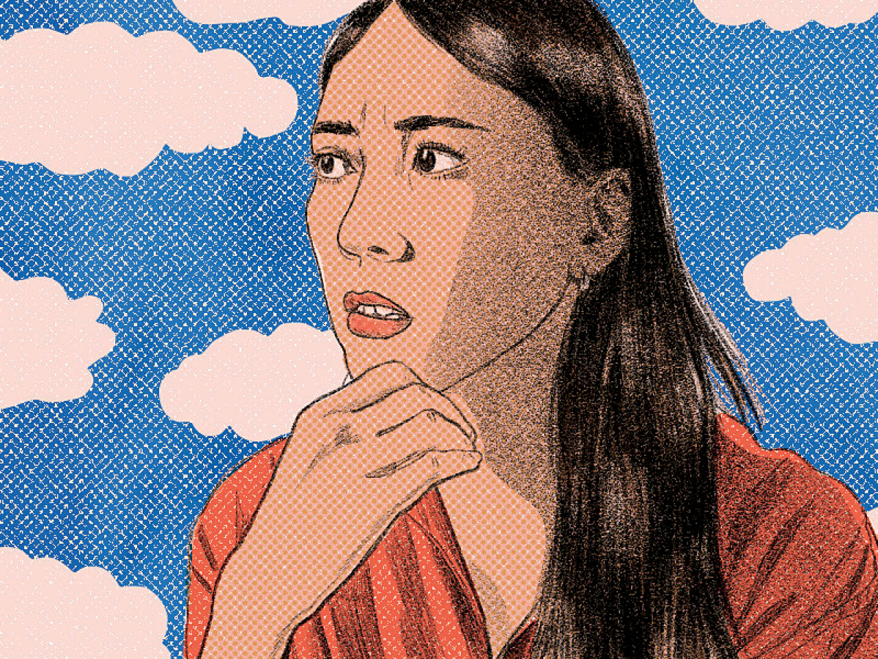 Illustration of a woman looking off to her right, with her right hand resting on her chin. She is surrounded by clouds, representing brain fog during menopause.