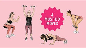 Illustrations of women doing four different exercises—from left, squats, shoulder presses, push ups and dead lifts. These are strength training exercises recommended during menopause.