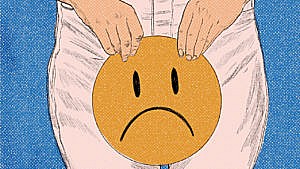 An illustration of a woman holding a large yellow sad face over her crotch in white jeans, representing Genitourinary Syndrome Of Menopause.
