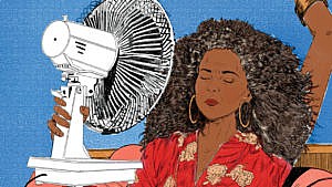 An illustration of a woman, wearing a red jumpsuit and hoop earrings, holding a tabletop fan propped up on her knee as she experiences a hot flash