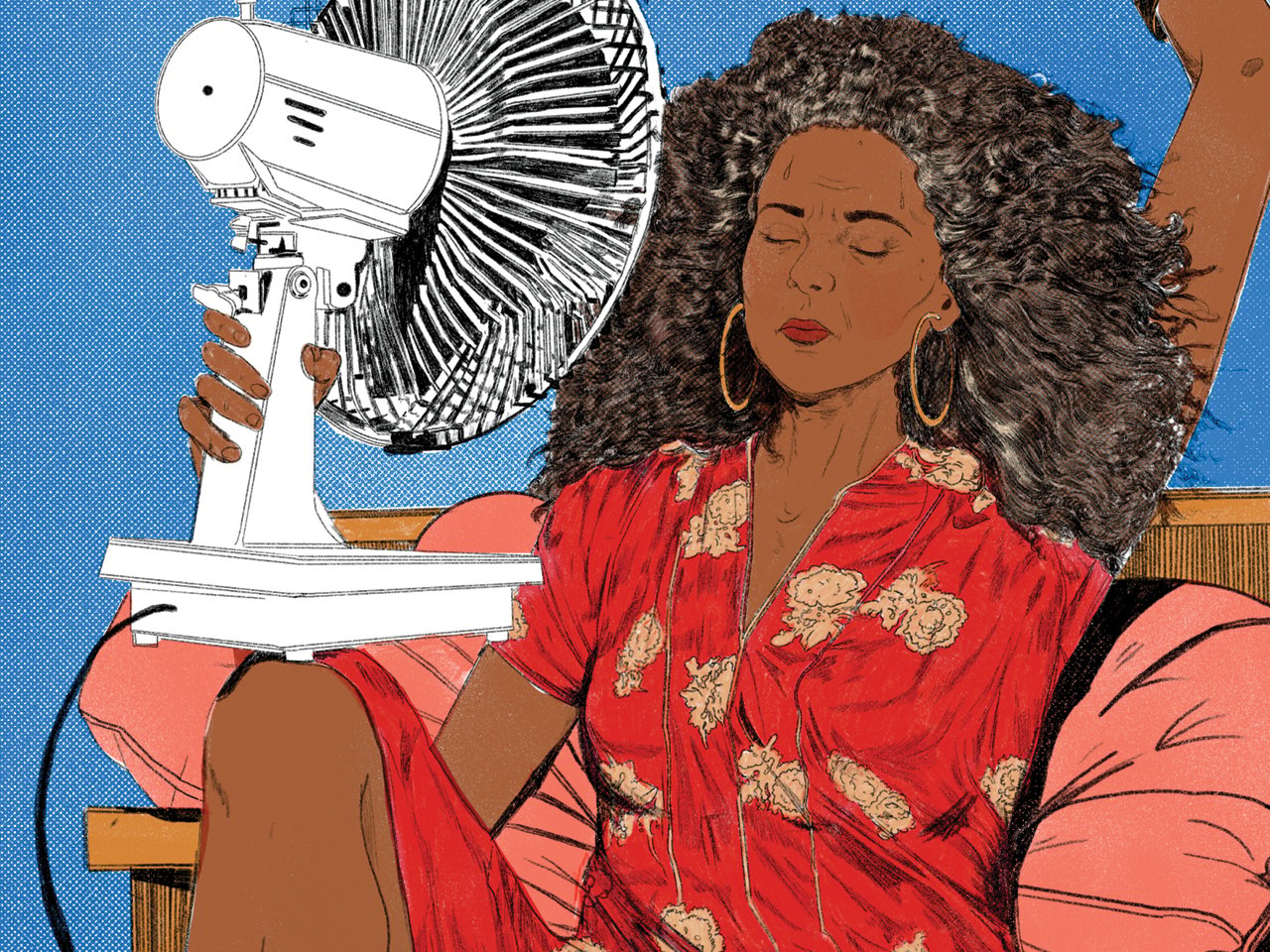 An illustration of a woman, wearing a red jumpsuit and hoop earrings, holding a tabletop fan propped up on her knee as she experiences a hot flash