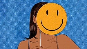 An illustration of a woman holding a mask with a yellow smiley face over her own face, representing the mood swings experienced during menopause.