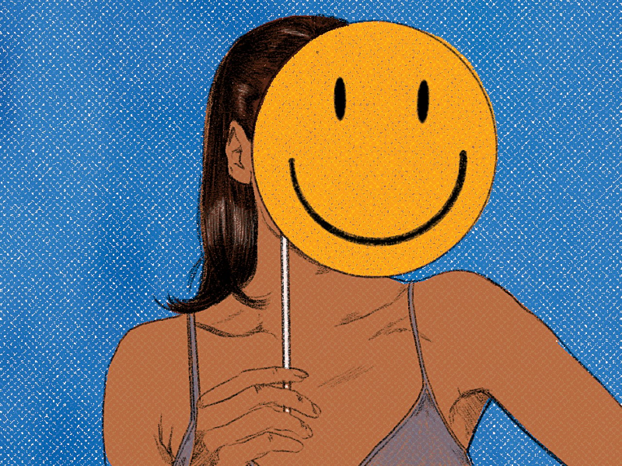 An illustration of a woman holding a mask with a yellow smiley face over her own face, representing the mood swings experienced during menopause.