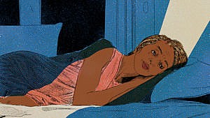 An illustration of a woman lying in bed on her side, looking tired. The image represents sleep disturbances experienced during menopause.