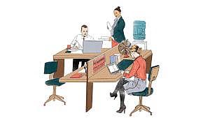 An illustration of people in an office at desks, representing different ways workplaces can be menopause-inclusive.