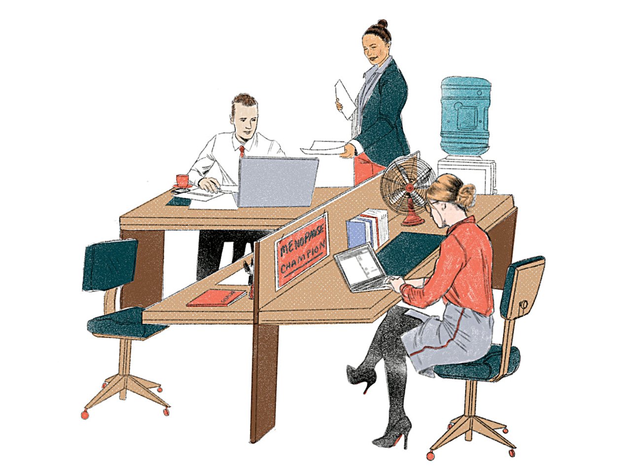 An illustration of people in an office at desks, representing different ways workplaces can be menopause-inclusive.
