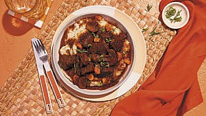 A plate of beef bourguignon.