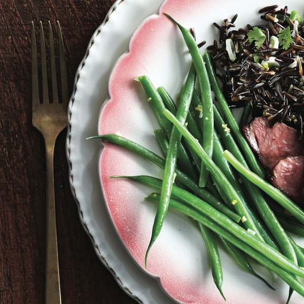 Ginger and garlic green beans served with crispy duck with tangy rhubarb sauce and wild rice pilaf.