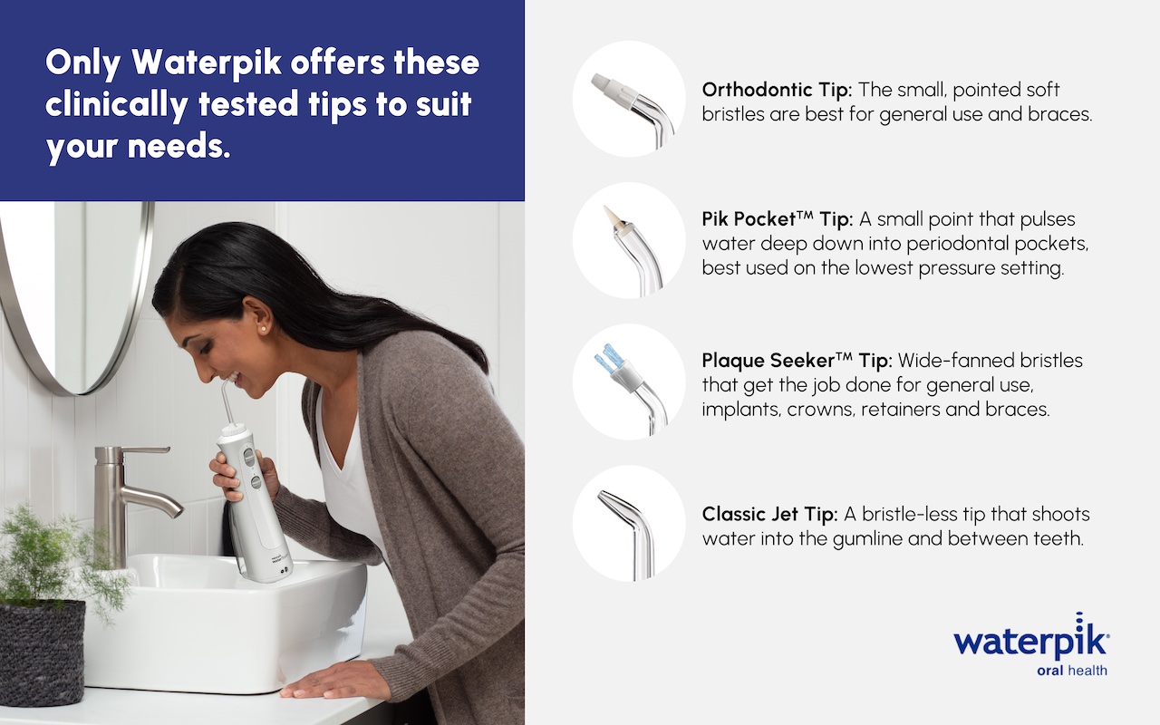 A woman standing over a bathroom sink using a water flosser. On the right are pictures of different Waterpik flosser tips and what they are best used for.