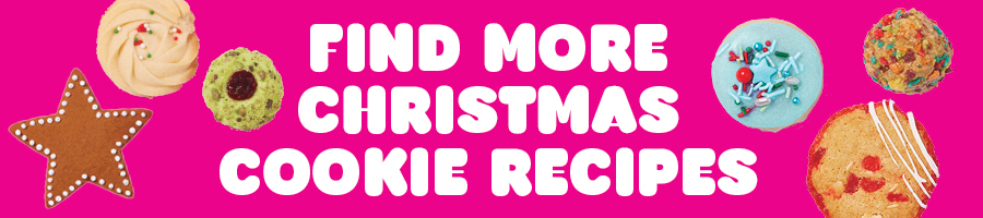 Assorted cookies on a pink background with the words in white "Find more Christmas cookie recipes"