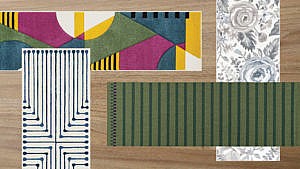 Four runner rugs on a wood veneer background, featured in a runner rugs gallery.