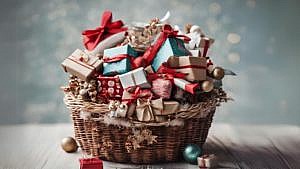 A wicker basket filled with small wrapped gifts in brown, blue and red colours