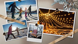 A collage of four winter activities across Ontario (skating outdoors, snowshoeing, wine glass by an outdoor fire pit, and a holiday market with string lights)
