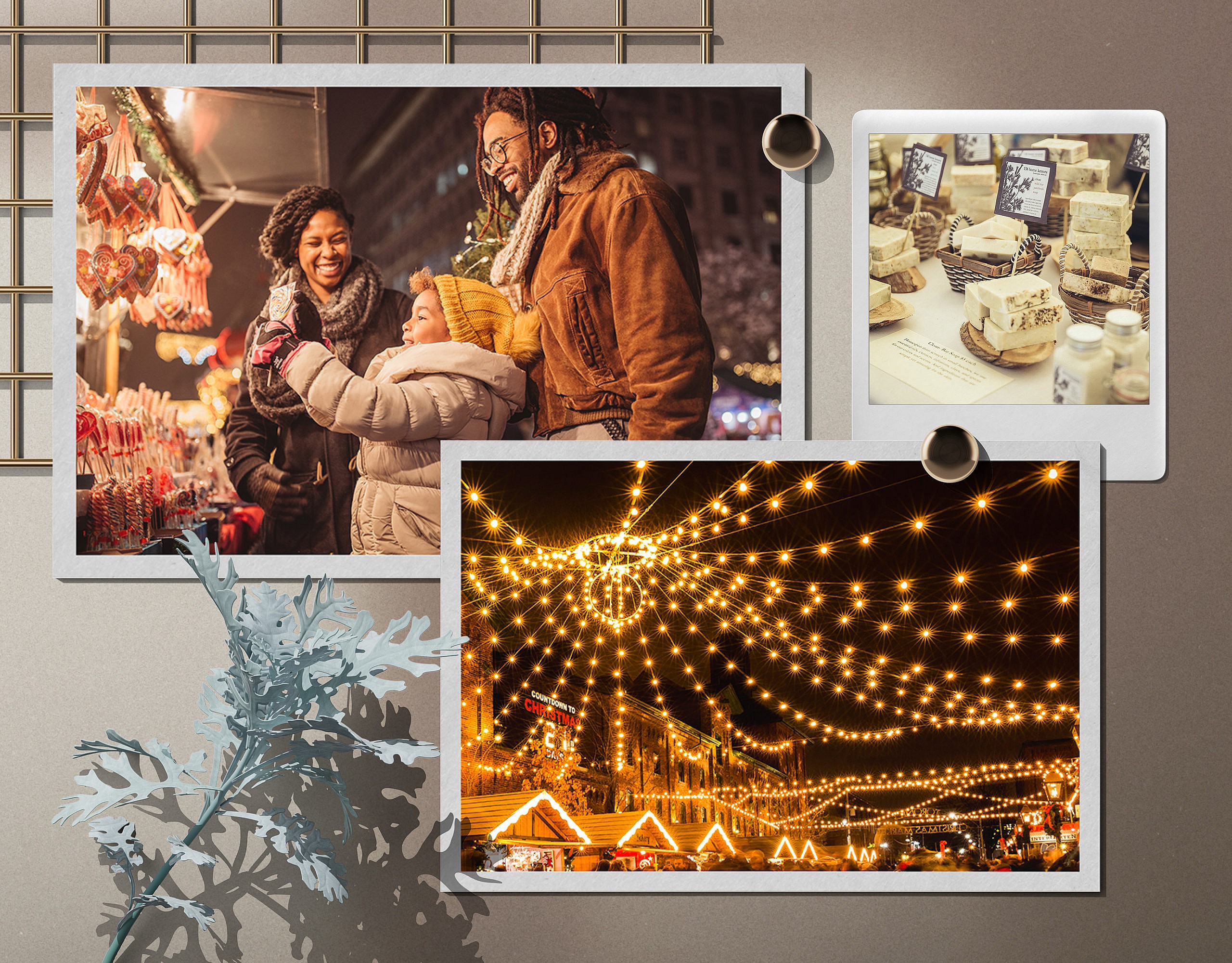 A collage of three images—a family of three at a holiday market at night, a selection of cheeses, and a winter-themed light festival at night.