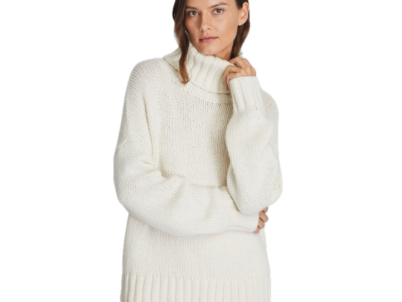 A photo of a woman in a winter white cashmere turtleneck sweater from Club Monaco, as part of the best Boxing Day deals 2023.