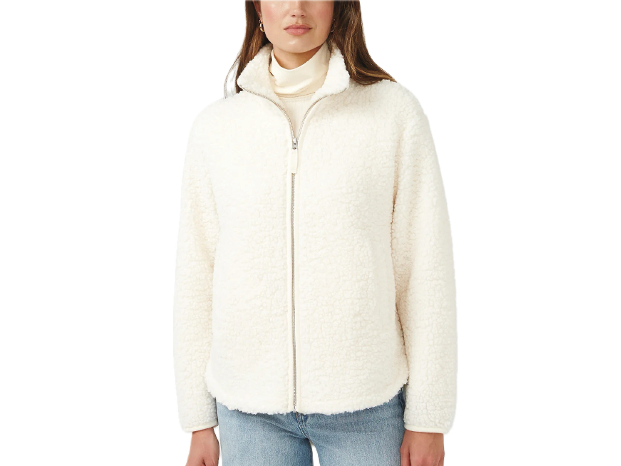 A woman in a white sherpa-like Buffalo jacket. as part of the best Boxing Day deals.