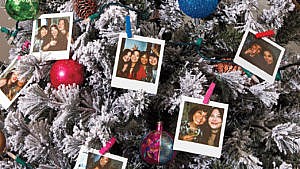 A close-up of a white-tipped Christmas tree decorated with metallic balls and polaroid photos of people paper clipped to the tree with red paper clips; Chatelaine guide to the holidays and Christmas