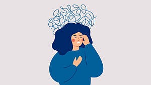 Illustration of a woman in a blue sweater looking upset, representing depression and menopause
