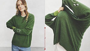 A model wearing a green sweater, Uniqlo Anya Hindmarch collection of knitwear
